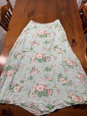 Lauren Ralph Lauren Vintage Womens 100% Silk Cream Blue Pink Floral Midi Skirt